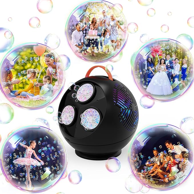 Bubble Machine Automatic Bubble Blower for Kids Toddlers Rechargeable Portable Spherical LED Bubble Maker Electric Auto Rotating 45°/360° Outdoor Toy Birthday Party Wedding (Spherical Black)-CubbioJoy