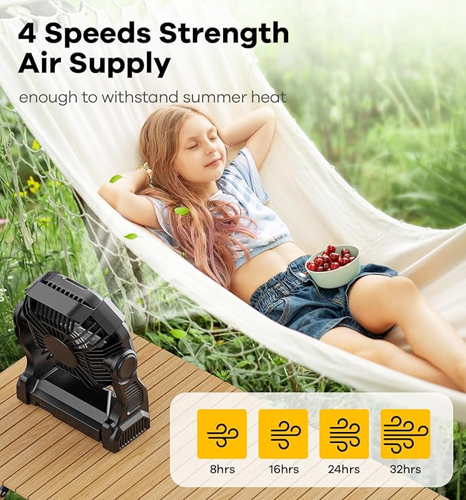 15000mAh Portable Battery Powered Camping Fan - with LED Light, Quiet Battery Operated, Camping Gear for Travel, Tent, Beach, Car or Hurricane Power Outages,Black-CubbioJoy