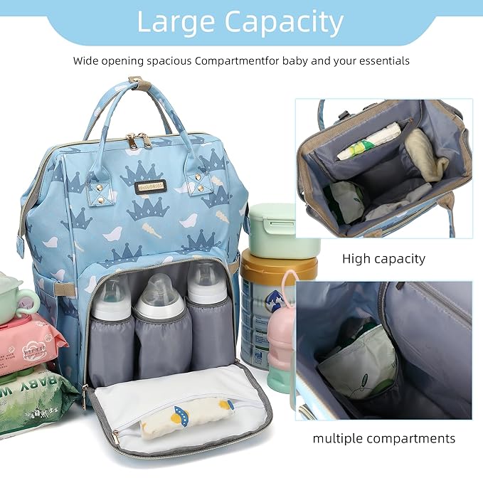 Diaper Bag Backpack, Diaper Bags for Baby Girls Boys, Baby Bags for Moms Dads, Nappy Changing Bag with Insulated Pockets,Multi-functional Waterproof Backpack with Stroller straps-Light blue crown-CubbioJoy