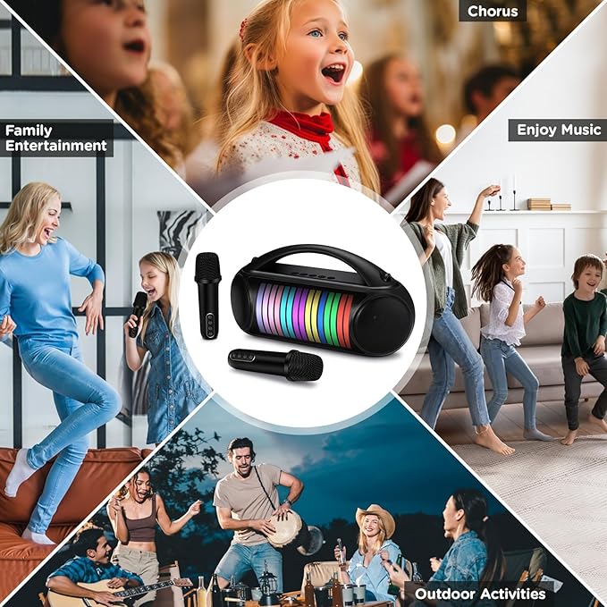 Karaoke Machine Portable Bluetooth Speaker with 2 Wireless Microphones Rechargeable Karaoke Machine for Kid and Adult Party PA Speaker Multiple LED Light Mode Support TWS/Radio/AUX/REC-CubbioJoy