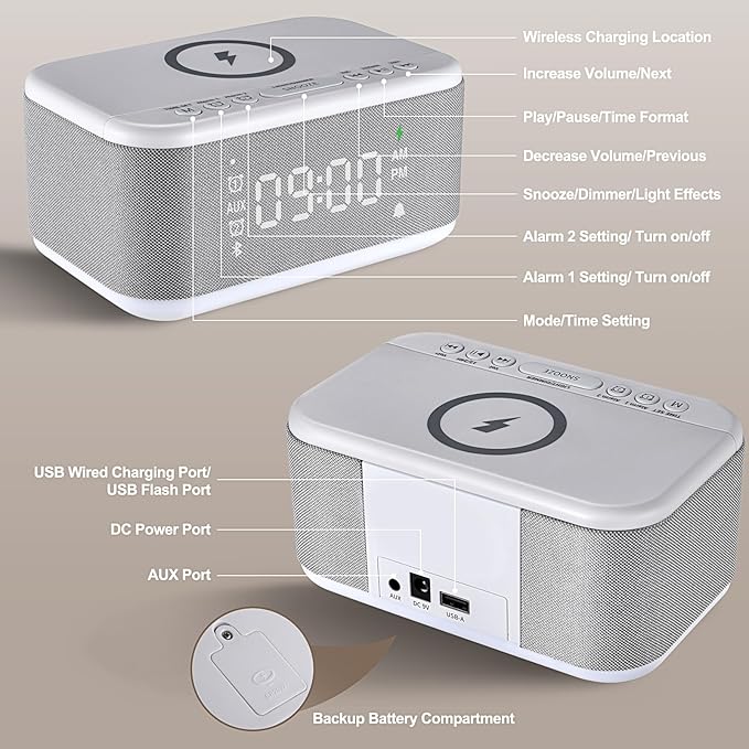 Alarm Clock Speaker Wireless Charger, Digital Alarm Clocks Bedrooms Bluetooth, Alarm Clock Dimmable Light Bedrooms Dual Alarm Snooze Dimmer 12 24H RGB Night Light Bluetooth USB AUX, Gray-CubbioJoy