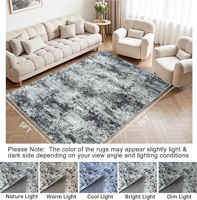 Area Rug Living Room Rugs: 5x7 Abstract Washable Rugs Ultra Soft Carpets with Non-Slip Backing Stain Resistant Carpet for Dining Room Table Bedroom Nursery Indoor Home Office Dark Black/Gray-CubbioJoy