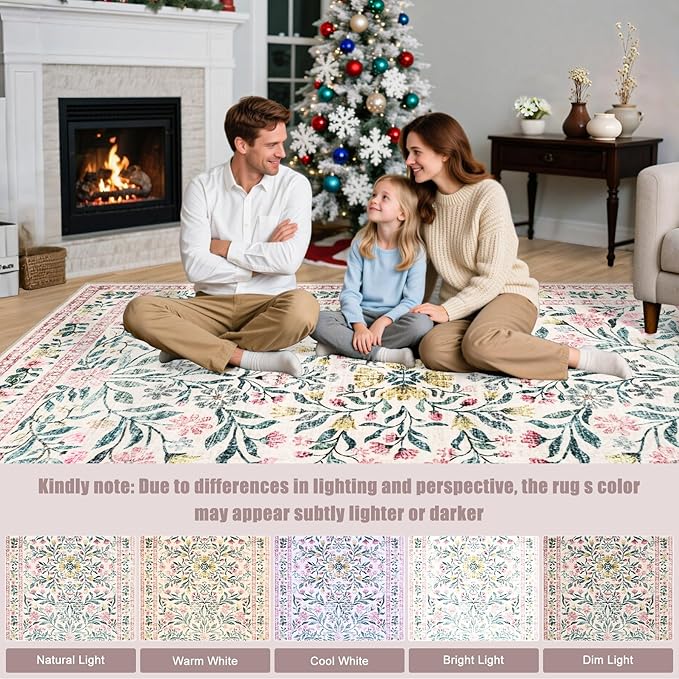Area Rug Living Room Rugs: Floral 5x7 Washable Rug Vintage Soft Boho Non-Slip Carpet Indoor Stain Resistant Large Carpets for Bedroom Dining Room Farmhouse Nursery Hallway Home Office Pink Green-CubbioJoy