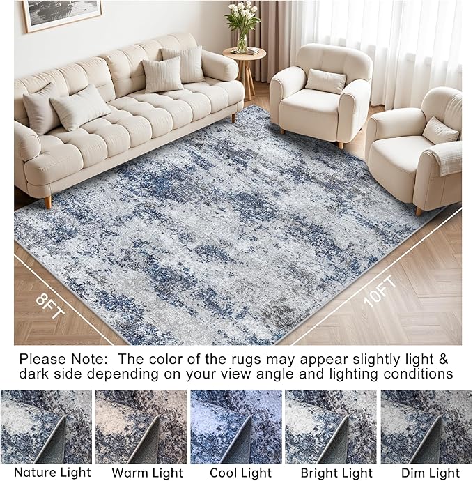 Area Rugs 8x10 Living Room Rugs: Modern Abstract Washable Rug with Non-Slip Backing, Stain Resistant Indoor Floor Large Carpet for Bedroom Dining Room Table Nursery Hallway Home Office Blue/Gray/Black-CubbioJoy
