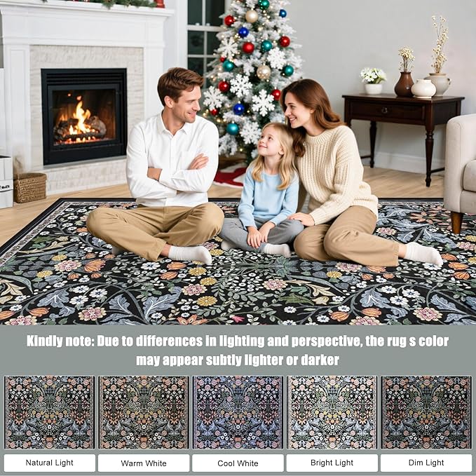 Area Rugs 9x12 Living Room: Floral Washable Rug Vintage Large Soft Boho Non-Slip Carpet Indoor Stain Resistant Low Pile Carpets for Bedroom Dining Room Farmhouse Nursery Hallway Home Office Dark Black-CubbioJoy