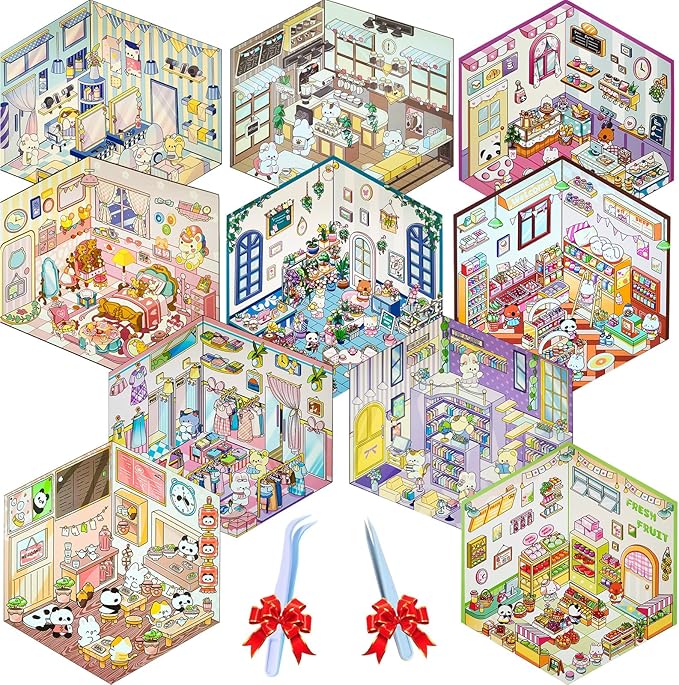 DIY 3D Sticker Scene,10 Sets Pack(600+) Large-Sized, Reusable Sticker Book, Cute Sets for Free Combination, Waterproof for Anywhere, Crafts Party Favors Birthday Gift-CubbioJoy