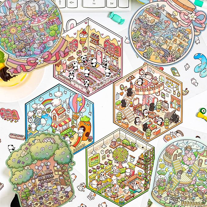 DIY 3D Sticker Scene,8 Sets Pack(500+), Reusable Sticker Book, Cute Sets for Free Combination, Cute Waterproof for Anywhere, Crafts Party Favors Birthday Gift-CubbioJoy