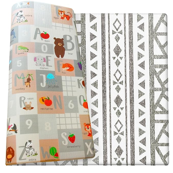 Cushmat Stylish Reversible Foam Play Mat (Large, Tropical Safari - Crystals Char) - Soft, Waterproof, Durable Play mat for Infants, Babies, Toddler, Kids & Grownup - 6.5ft x 4.5ft-CubbioJoy