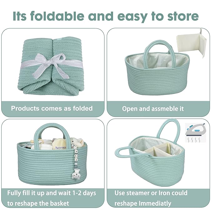 Diaper Caddy Organizer for Baby Cotton Rope Nursery Storage Bin Basket Portable Holder Tote Bag for Changing Table Car Travel Baby Shower Gifts Newborn Essentials Registry Must Haves Light Green-CubbioJoy