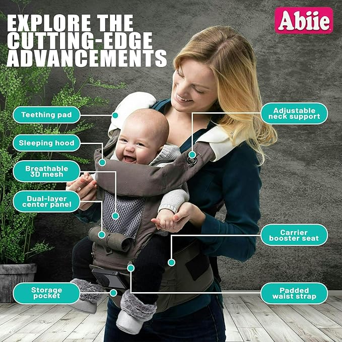 Abiie HUGGS 3-in-1 Baby Carrier with Hip Seat - Front Facing, Hip Hugger, Back Baby Carrier - Healthy Sitting (M) Position, 3 Mos.-Toddler - Buckle Type Closure - Approved by US Safety Standards-CubbioJoy