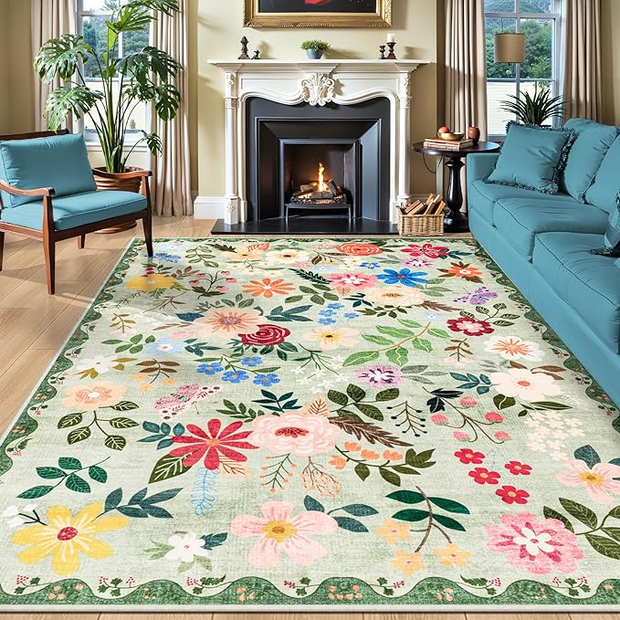 10x14 Area Rugs for Living Room: Floral Washable Rug Vintage Large Soft Boho Non-Slip Carpet Indoor Stain Resistant Low Pile Carpets for Bedroom Dining Room Farmhouse Nursery Hallway Home Office Green