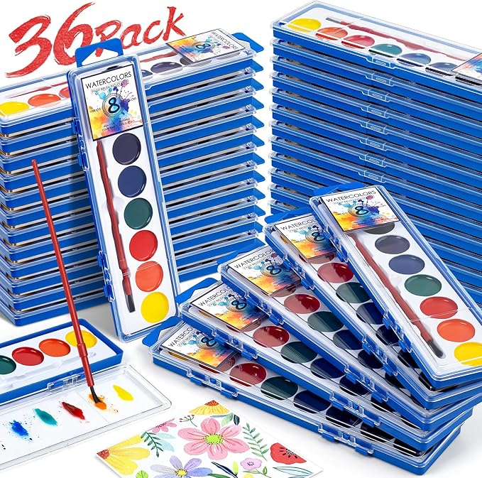 36 Pack Watercolor Paint Set, Washable Watercolor Paint Bulk for Kids, Water Color Paint with Paint Brushes, Ideal Gifts for Party Favors, School Supplies & Classroom Prizes, Art Activities, 8 Colors-CubbioJoy