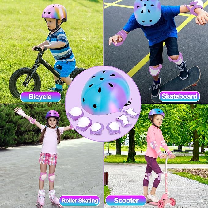 Kids Bike Helmet with DIY Stickers and Knee Pads Elbow Pads Wrist Guard Set for Ages 3-8-14 Toddler Boys Girls Helmet for Roller Skates Cycling Skateboarding Bicycle Scooter-CubbioJoy