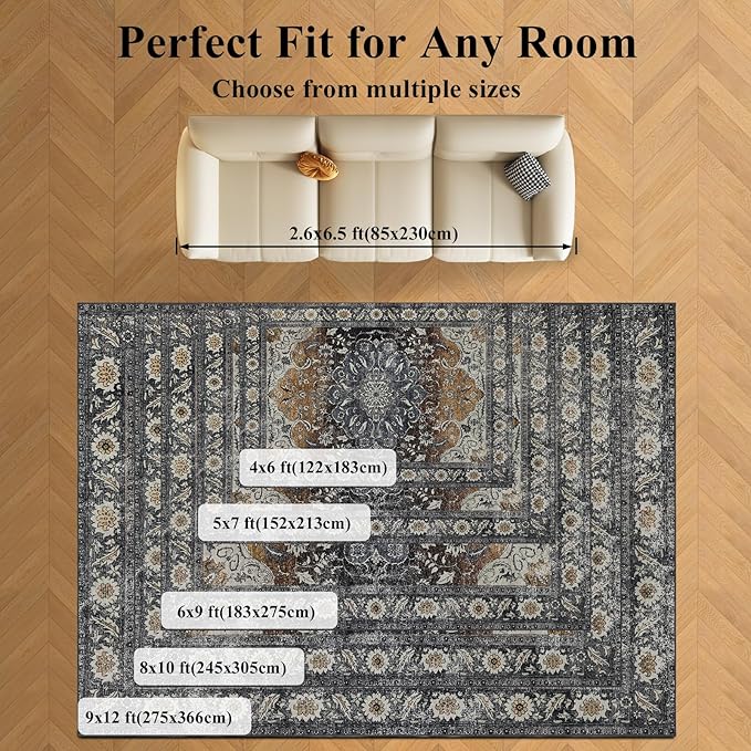 4x6 Washable Area Rug for Living Room, Carpet for Bedroom, Soft Faux Wool Retro Dining Room Rug, Non Slip&Non-Shedding Resistant Low Pile Vintage Print Rug for Home Office (Tan/Gray)-CubbioJoy
