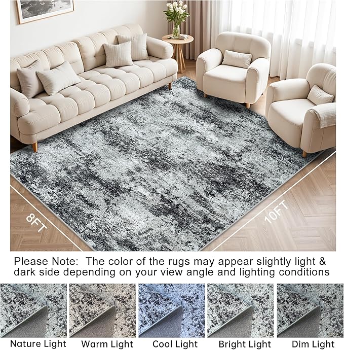 Area Rugs 8x10 Living Room Rugs: Modern Abstract Washable Rug with Non-Slip Backing, Stain Resistant Indoor Floor Large Carpet for Bedroom Dining Room Table Nursery Hallway Home Office Dark Black/Gray-CubbioJoy