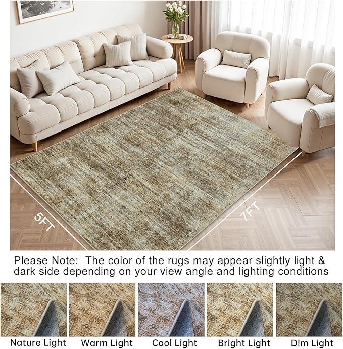 Area Rug 5x7 Living Room Rugs: Abstract Large Washable Rugs with Non-Slip Backing, Thin Carpet for Dining Room Table Bedroom Nursery Indoor Home Office-Brown-CubbioJoy