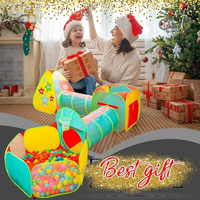 5pc Kids Play Tent for Toddlers with Ball Pit, Crawl Tunnel, Indoor & Outdoor Playhouse, Jungle Gym, Toys for Boys & Girls, Includes Dart Balls, Teepee & Basketball Hoops-CubbioJoy