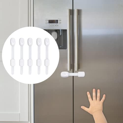 5-Pack Child Proof Cabinet Latches for Drawers, Cupboards, Fridge Toilet Seat, Dishwashers, Trash Can, Up to 37lb Pull Force - Adjustable Length, 3M Adhesive, No Drilling Child Safety Locks, White-CubbioJoy