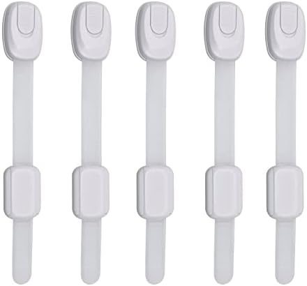5-Pack Child Proof Cabinet Latches for Drawers, Cupboards, Fridge Toilet Seat, Dishwashers, Trash Can, Up to 37lb Pull Force - Adjustable Length, 3M Adhesive, No Drilling Child Safety Locks, White-CubbioJoy