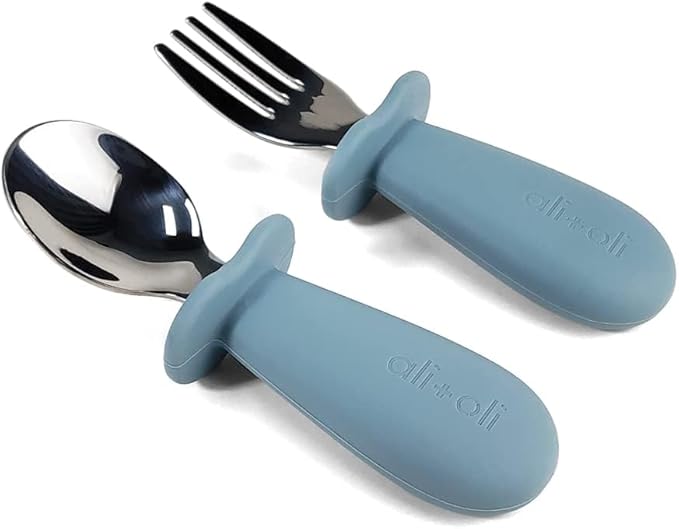 Ali+Oli Spoon & Fork Learning Set for Toddlers (Powder Blue) 6m+ Grab Easy BPA Free Food-Grade Silicone Handle, Kids Silverware Self Feeding Baby Utensil, Multi-stage Baby Feeding Set Ergonomic Design-CubbioJoy