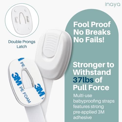 5-Pack Child Proof Cabinet Latches for Drawers, Cupboards, Fridge Toilet Seat, Dishwashers, Trash Can, Up to 37lb Pull Force - Adjustable Length, 3M Adhesive, No Drilling Child Safety Locks, White-CubbioJoy