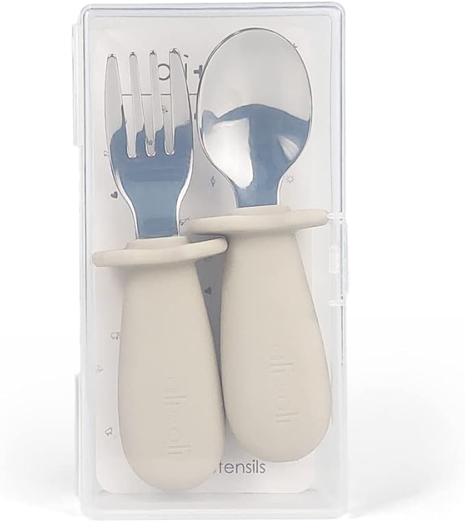 Ali+Oli Spoon & Fork Learning Set for Toddlers (Khaki) 6m+ Grab Easy BPA Free Food-Grade Silicone Handle, Kids Silverware Self Feeding Baby Utensils, Multi-stage Baby Feeding Set Ergonomic Design-CubbioJoy
