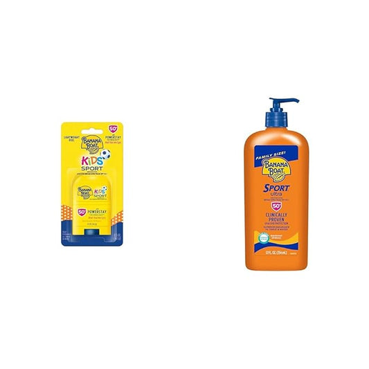 Banana Boat Kids Sport Sunscreen Stick SPF 50 Travel Size 0.5oz & Sport Ultra Sunscreen Lotion SPF 50 Family Size 12oz-CubbioJoy
