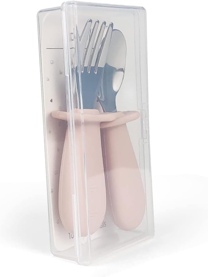 Ali+Oli Spoon & Fork Learning Set for Toddlers (Powder Pink) 6m+ Grab Easy BPA Free Food-Grade Silicone Handle, Kids Silverware Self Feeding Baby Utensil, Multi-stage Baby Feeding Set Ergonomic Design-CubbioJoy