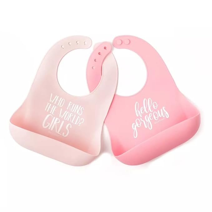 Baby Bib for Eating by Bella Tunno, Set of 2 Waterproof Silicone Bibs with Large Food Catcher, Adjustable Fit for Babies 4-12 months & Toddlers 1-3 Years, Boys & Girls, Who Runs The World & Gorgeous-CubbioJoy