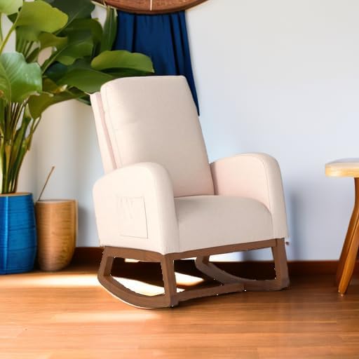 Dolonm Rocking Chair Mid-Century Modern Nursery Rocking Armchair Upholstered Tall Back Accent Glider Rocker for Living Room (Beige)-CubbioJoy