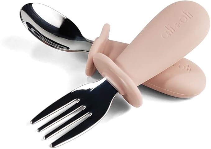 Ali+Oli Spoon & Fork Learning Set for Toddlers (Powder Pink) 6m+ Grab Easy BPA Free Food-Grade Silicone Handle, Kids Silverware Self Feeding Baby Utensil, Multi-stage Baby Feeding Set Ergonomic Design-CubbioJoy