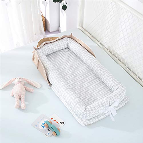 Baby Lounger for Newborn Portable Bag,Baby Nest Play Gym mat with Strap,Newborn Lounger Adjustable Size & Inner Zipper Lengthen Space to 24 Months(Gray Thousand Bird Check)-CubbioJoy