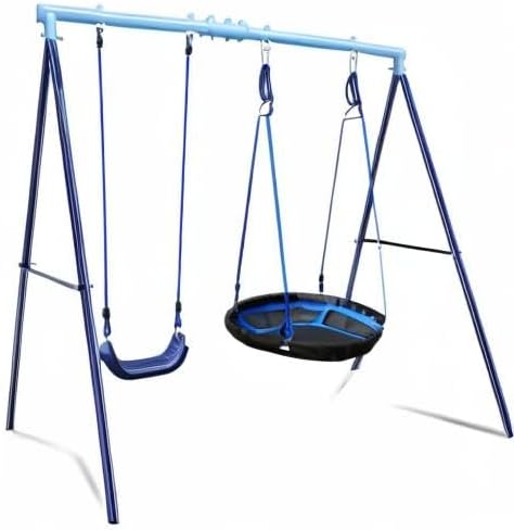 2 Seat Swing Set for Backyard - Metal A-Frame Holds 440 lbs, 1 Adjustable Saucer Swing and 1 u-Shape Swing - Suitable for Kids 3-8 Years-CubbioJoy