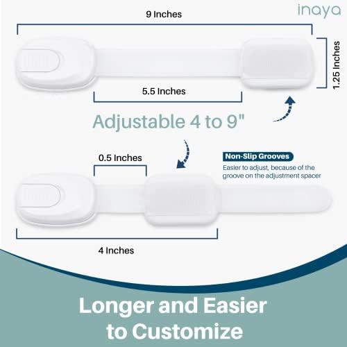 5-Pack Child Proof Cabinet Latches for Drawers, Cupboards, Fridge Toilet Seat, Dishwashers, Trash Can, Up to 37lb Pull Force - Adjustable Length, 3M Adhesive, No Drilling Child Safety Locks, White-CubbioJoy