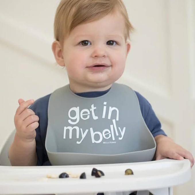 Baby Bib for Eating by Bella Tunno, Waterproof Silicone Bib with Large Food Catcher, Adjustable Fit for Babies 4-12 months & Toddlers 1-3 Years, Boys & Girls, Get In My Belly-CubbioJoy