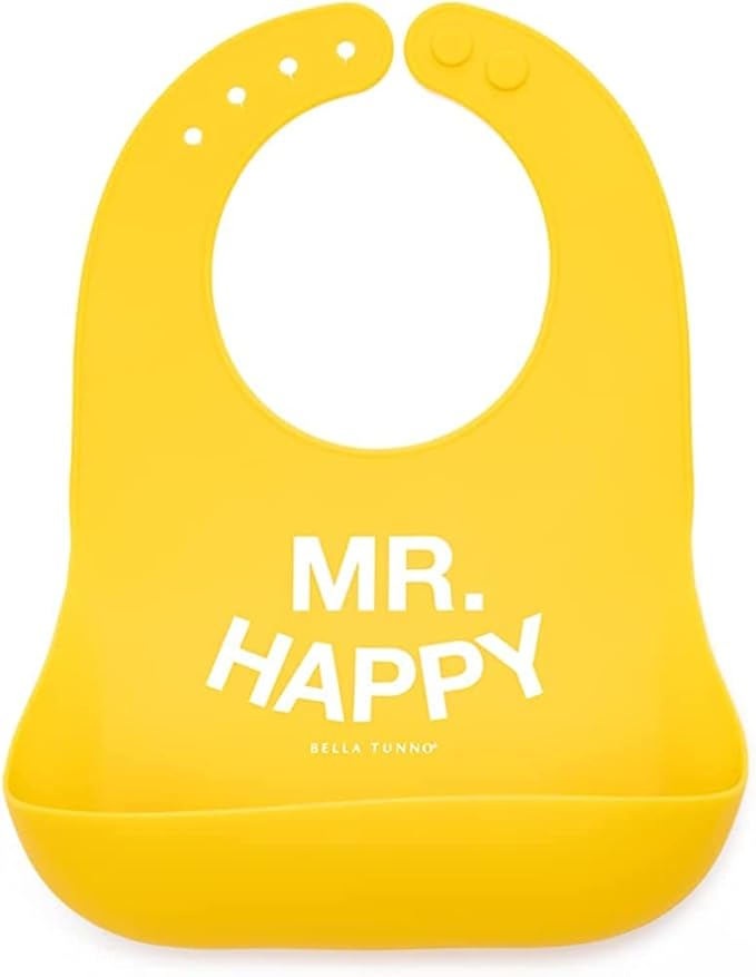 Baby Bib for Eating by Bella Tunno, Waterproof Silicone Bib with Large Food Catcher, Adjustable Fit for Babies 4-12 months & Toddlers 1-3 Years, Boys & Girls, Mr Happy-CubbioJoy