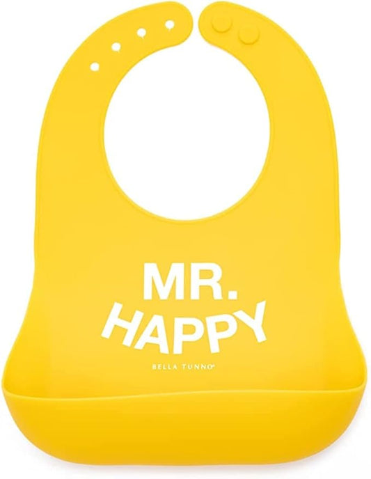 Baby Bib for Eating by Bella Tunno, Waterproof Silicone Bib with Large Food Catcher, Adjustable Fit for Babies 4-12 months & Toddlers 1-3 Years, Boys & Girls, Mr Happy-CubbioJoy