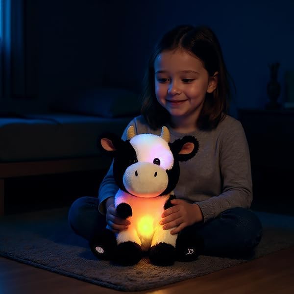 Cuteoy Light-up Singing Plush Cow LED Musical Stuffed Animal Adjustable Volume Lullaby Plushies Birthday Christmas Toy Gifts for Kids Toddler Girls, 13"-CubbioJoy