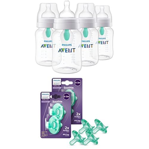 Bundle of Philips Avent Anti-Colic Baby Bottle with AirFree Vent, 9oz, 4pk, Clear, SCY703/04 + Philips Avent Soothie 0-3 Months Orthodontic Baby Pacifiers, BPA-Free, Green, 4 Pack, Model SCF190/41-CubbioJoy