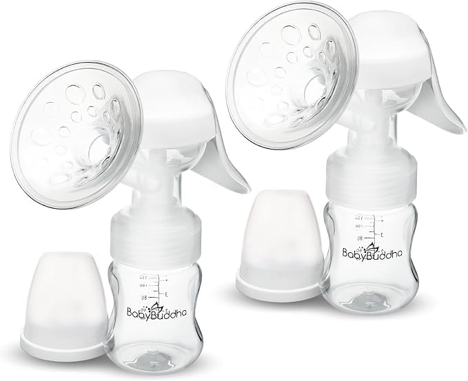 BabyBuddha Manual Breast Pump, Single Hand Expression Breastmilk Pump, Cordless and Portable, No Batteries or Power Needed, Soft Silicone Massage Cushion, BPA Free, Quiet, Dishwasher Safe, 2 Pack-CubbioJoy