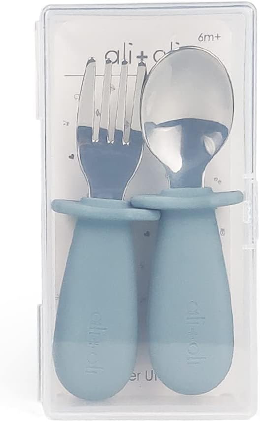 Ali+Oli Spoon & Fork Learning Set for Toddlers (Powder Blue) 6m+ Grab Easy BPA Free Food-Grade Silicone Handle, Kids Silverware Self Feeding Baby Utensil, Multi-stage Baby Feeding Set Ergonomic Design-CubbioJoy