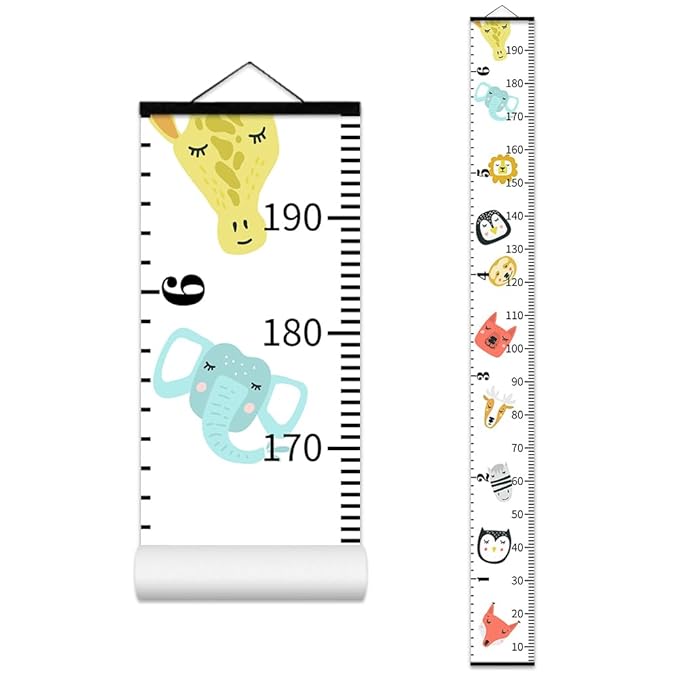 Cute Animals Growth Chart for Kids Baby Height Chart Ruler Removable Canvas Wooden Frame Hanging Wall Rulers Measurement Charts for Toddler Room Nursery Decor - 79"X7.9" with Black Wood-CubbioJoy