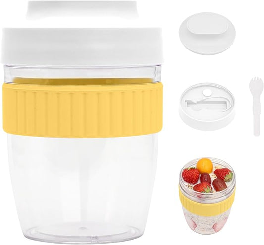Breakfast On The Go Cups, Overnight Oats Containers With Lid And Folding Spoon, Take And Go Yogurt Cereal Snack Parfait Salad Containers For Lunch, Fruit & Vegetable Jar, 20 oz(Yellow)-CubbioJoy