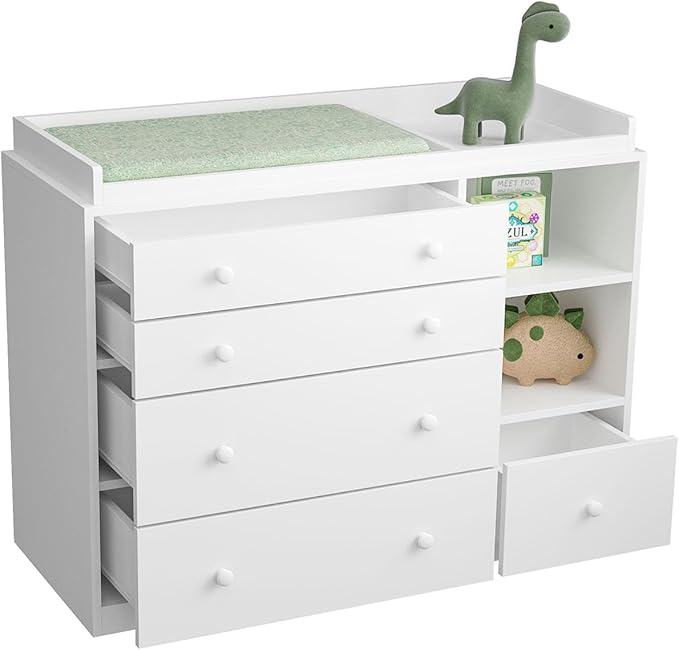 Changing Table Dresser, Baby Classic Nursery Dresser with 5 Drawers and 2 Shelves, Multi-Functional Baby Changing Table, Diaper Changing Station for Children's Room, White-CubbioJoy