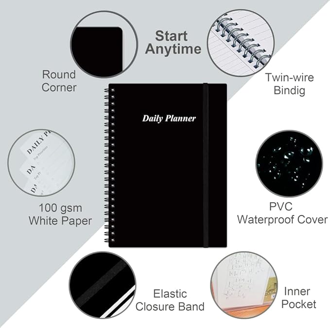 Daily Planner Undated - A5 To Do List Notebook Hourly Schedules, Spiral Appointment Planner for Women and Men, PVC Hardcover, Inner Pocket, Elastic Closure, 5.8" x 8.3", Black-CubbioJoy