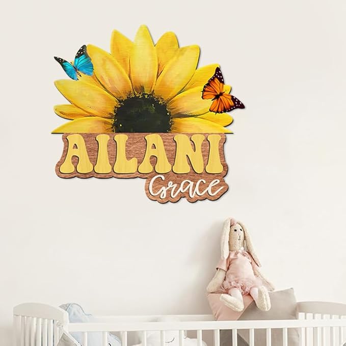 Custom Wooden Sunflower Nursery Name Sign for Girls, Boho Nursery Wood 2 Layer, Baby Name Sign, Baby Shower, Decor Floral, Flower gift/17-CubbioJoy