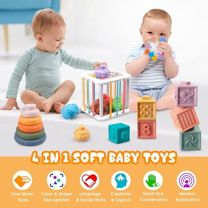 4-in-1 Baby Toys for 6-12 Months, Montessori Soft Stacking Blocks for Babies, Infants Teething Toys, Sensory Balls and Educational Learning Set for Toddlers (Boys & Girls)-CubbioJoy