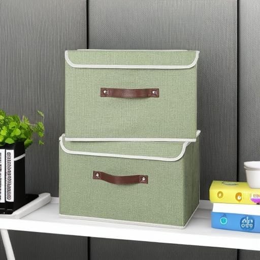 ANMINY 2PCS Storage Bins with Lid PU Leather Handles Storage Boxes PP Plastic Board Decorative Foldable Lidded Cotton Linen Fabric Home Cubes Baskets Closet Organizer Containers - Green, Large Size-CubbioJoy