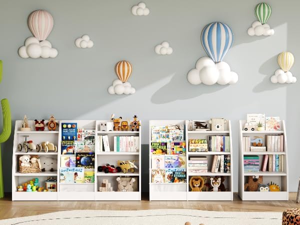 4 Tier Kids Bookshelf Set of 2, 4 Layer Sling Kids Book Shelf for Kids Rooms,Wood Children Bookcase,Baby Storage Book Rack,Toddler Bookshelf, Book and Toy Organizer,Book Display Shelf for Nursery-CubbioJoy