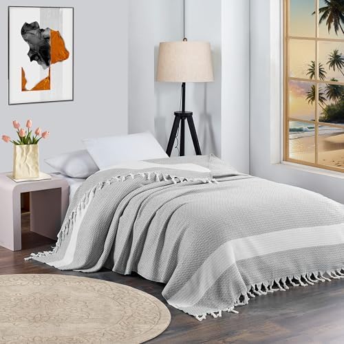 Breathable Bedspread Woven Blanket Extra Large Lightweight Soft Cooling for Hot Sleeper Throw Tween Queen Full Size Quilt Thin Comforter Summer Ice Cold Sheet Boho Bed Decor Bedroom Decorative Grey-CubbioJoy